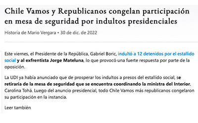 Chile Vamos y Republicanos congelan participación en mesa de seguridad por indultos presidenciales